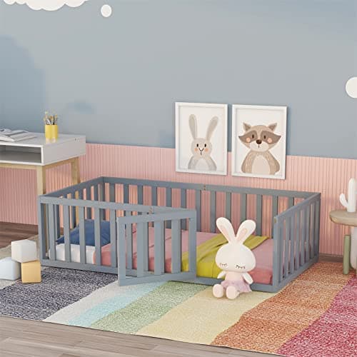 i-POOK Gray Twin Size Floor Bed with Safety Fence & Door