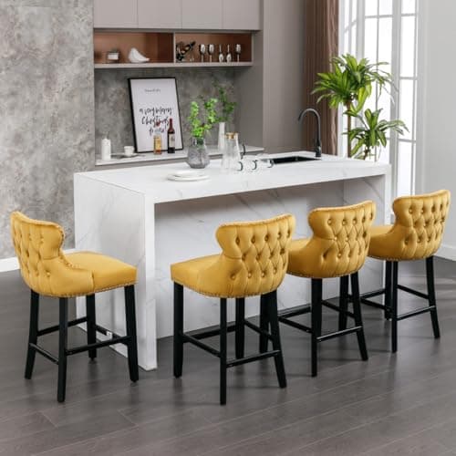 Velvet Upholstered Bar Stools Set of 2 with Wooden Legs