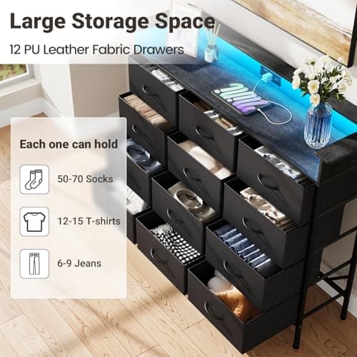 Elyken 50" Black Dresser with 12 Drawers & Charging Station