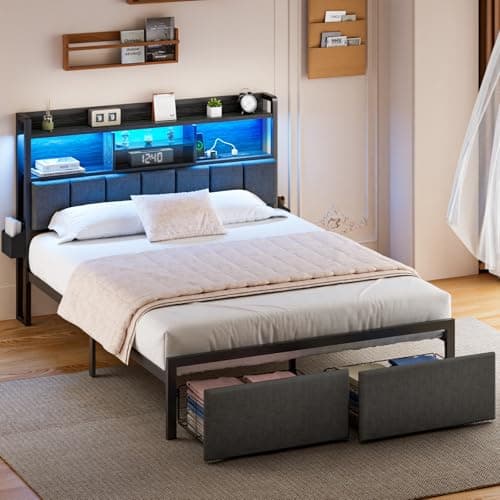 Furnulem Full Size Bed Frame with Storage & Charging, LED Lights, Black