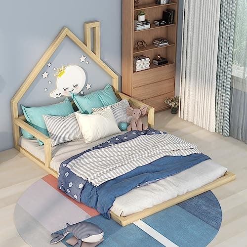 Harper & Bright Designs FullSize House-Shaped Kids Bed, Solid Wood Slats, No Box Spring Needed,Natural