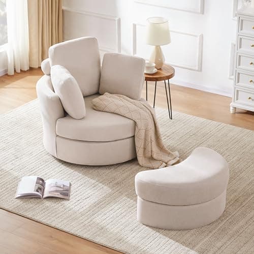 Grey Swivel Barrel Chair with Removable Headrest, Chaise Lounge, Oversized Living Room Chair