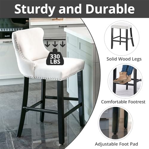 Velvet Upholstered Barstools Set of 4 with Wood Legs for Kitchen Island Pub