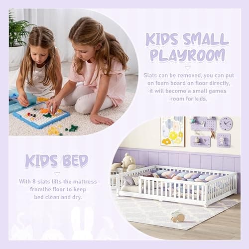 Montessori Wooden Floor Bed Frame with Fence & Headboard, White