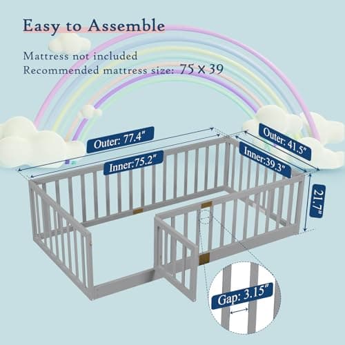 Twin Montessori Floor Bed with High Rails, Grey