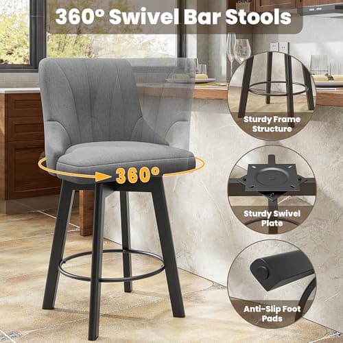 Fabric Swivel Bar Stools with Backs, 24 Counter Height Set of 2, Gray