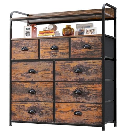 Dark Grey Fabric Dresser with 9 Drawers & 2 Shelves, Metal Frame
