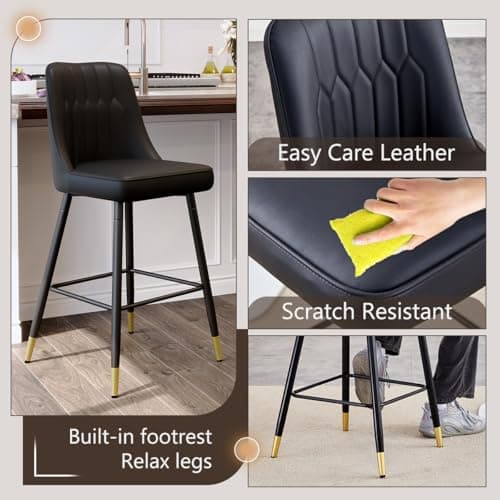 Modern Black Counter Height Bar Stool Set of 4, Faux Leather with Stable Legs