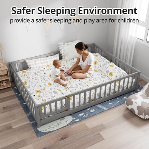 Queen Size Solid Wood Platform Bed Frame, Fence-Shaped Guardrails, Gray
