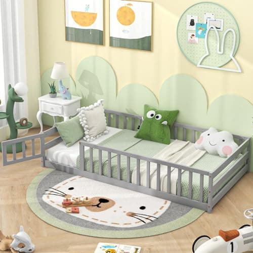 Giantex Safety Floor Bed with Door & Fence, Twin, White