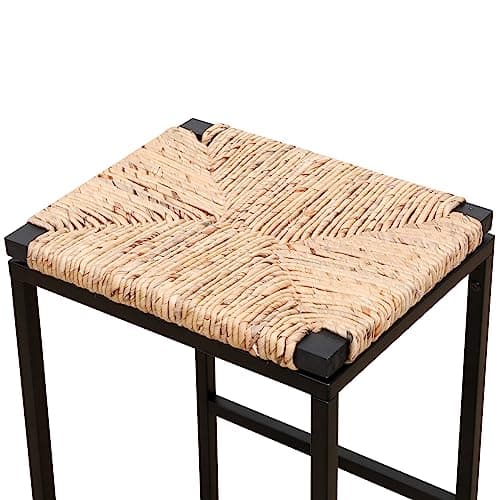 Metal Bar Stools Set of 2 with Woven Seat and Footrest