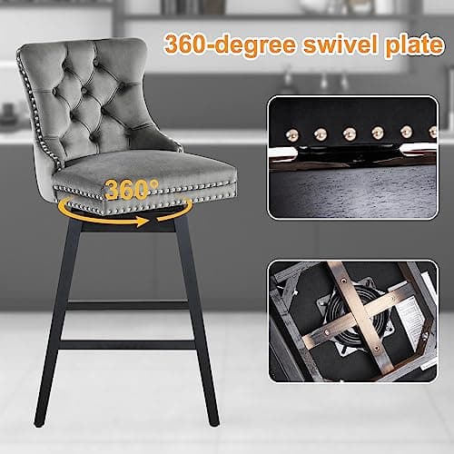 Premium Velvet Upholstered 360 Swivel Bar Stools, Counter Height, Grey, Solid Wood Legs, 30" Seat (Set of 4)