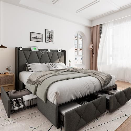 iPormis Dark Grey Queen Bed Frame with Storage & Charging Station