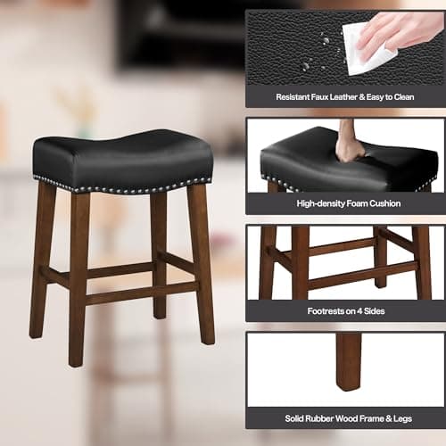 Set of 2 Black Backless Bar Stools for Kitchen Island in Counter Height, Faux Leather Upholstered Seat