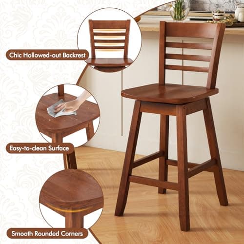 COSTWAY Walnut Counter Height Bar Stool Set with Footrest & Hollow Back (Set of 4)