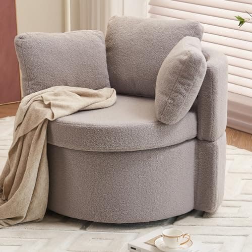 Swivel Accent Chair with Storage, Teddy Barrel Chair with Metal Base, Single Sofa Chair for Living Room, Black Color
