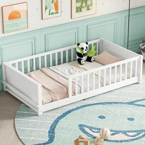 Full Size Montessori Floor Bed with High Fence, Natural Wood for Kids
