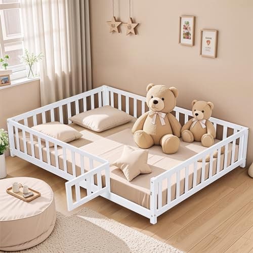 Full Size Metal Fence Bed with Door, Versatile Montessori, No Box Spring Needed, Easy Install, White