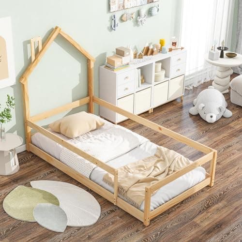 Montessori Twin Floor Bed for Kids with Roof & Guardrails, Pink