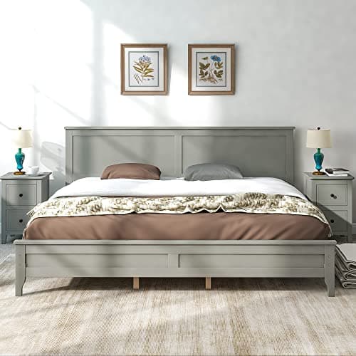 i-POOK Gray King Size Solid Wood Platform Bed with Headboard and Wood Slat Support