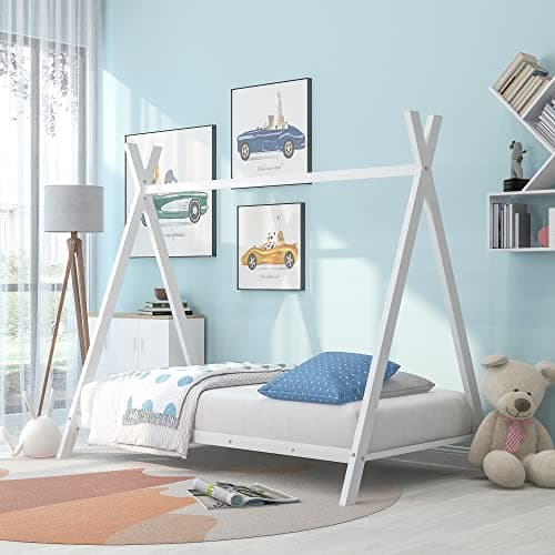 Bellemave Metal Twin Floor Bed for Kids, Black with Roof