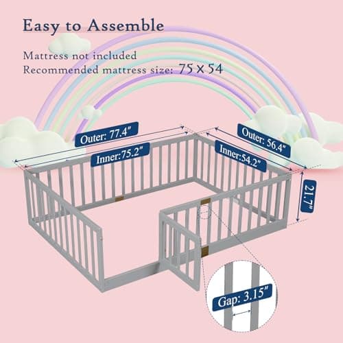 Tatub Full Montessori Floor Bed, Solid Wood, High Rails, Grey