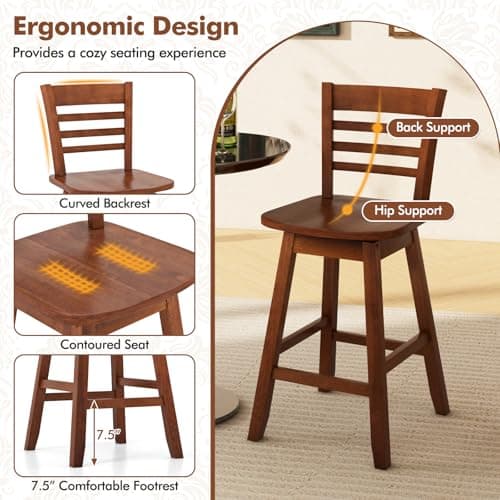 COSTWAY Walnut Counter Height Bar Stool Set with Footrest & Hollow Back (Set of 4)