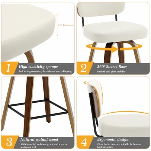 Mid Century Modern 4-Piece Swivel Bar Stool Set, 26" Faux Leather Cream White