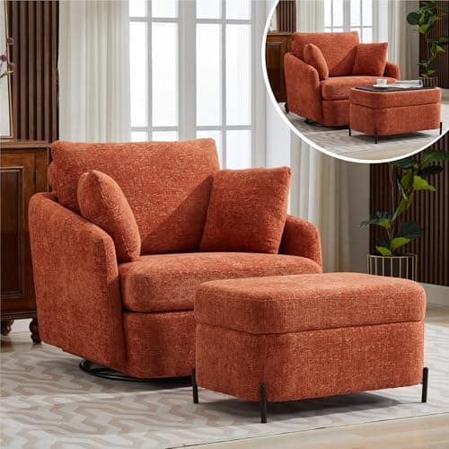 Oversized Green Chenille Swivel Chair with Ottoman