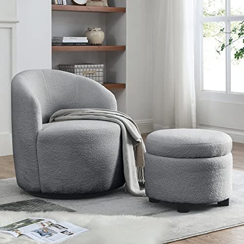Swivel Barrel Chair with Storage Ottoman in White