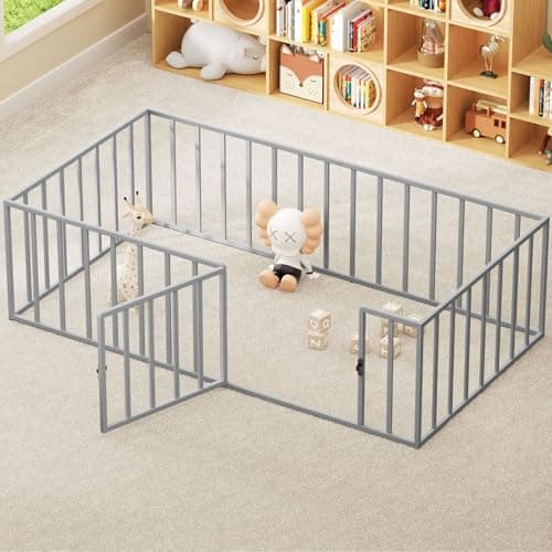 Metal Twin Floor Bed Frame with Safety Rail, Easy Assembly for Bedroom or Playroom