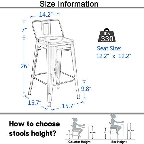 Industrial Matte Black Bar Stool Set of 4 Counter Height Kitchen Island Chairs