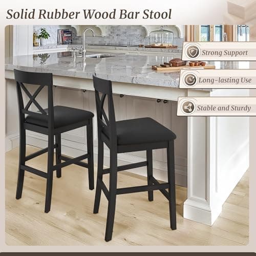 26" Rubber Wood Bar Stools, Set of 4, Black Classical X-Back