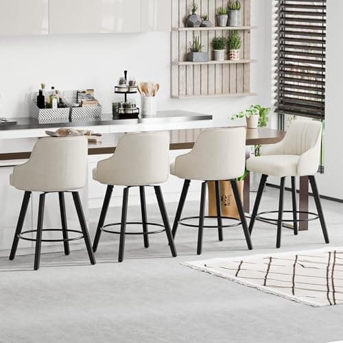 VINGLI 26" Swivel Barstool Set, Beige Linen Fabric, Kitchen Counter Height