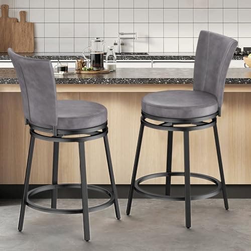 Grey Faux Leather Swivel Bar Stools, 24.5" Metal Counter Height Chairs