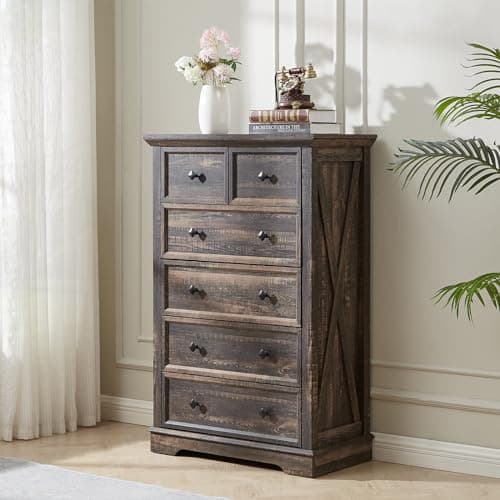 LDTTCUK 6-Drawer Farmhouse Dresser for Bedroom and Living Spaces, 48-Inch Tall, Black