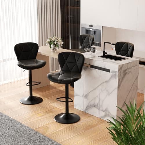 Dark Grey Adjustable Faux Leather Bar Stools, Counter Height Swivel Chairs with Back for Kitchen Island
