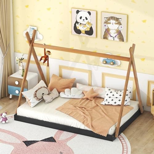 Montessori Style Black & Brown Wood Teepee Bed for Kids Box Spring Required