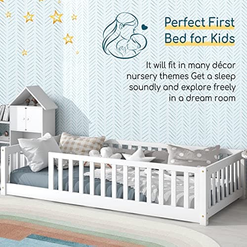 Tatub Twin Floor Bed for Kids with Safety Guardrails, Wood Frame, Twin-White