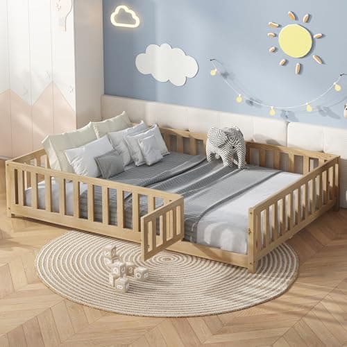 Bellemave Full Size Montessori Bed Frame with Door, Fence & Natural Wood