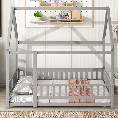 Solid Wood Platform Bed for Boys and Girls with Guardrails and Door Playhouse, Gray