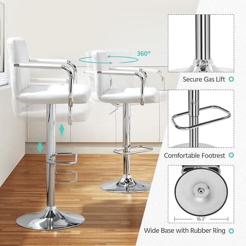 Yaheetech Height Adjustable Swivel Bar Stools Set of 2 White with Back Armrest Footrest