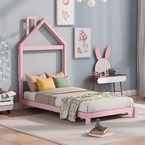 i-POOK Twin Size House Bed with White Roof and Chimney, No Box Spring Needed