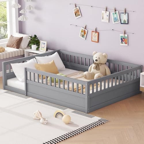 Montessori Full Size Floor Bed with High Rails, Gray for Kids Boys Girls Teens