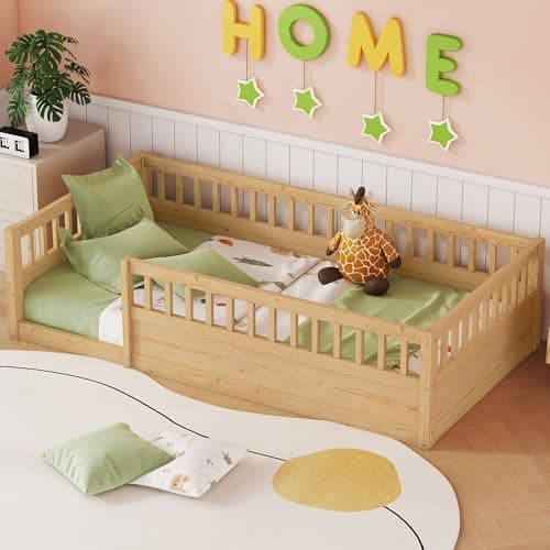 Montessori Full Size Floor Bed with High Rails for Kids, Natural Wood