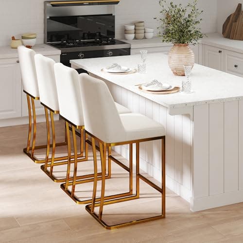 LSSBOUGHT Gold Metal Counter Height Bar Stools Set of 4, Beige Padded Leathaire Back