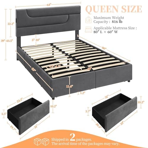 Yaheetech Dark Gray Queen Bed Frame with USB Charging & Storage Drawers
