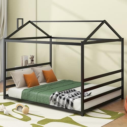 Queen Size Metal House Bed for Kids, Black