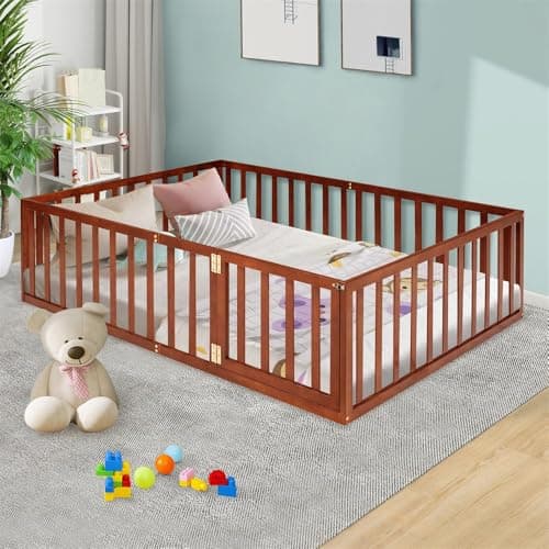 Montessori Floor Bed for Kids, Queen Size with Fence & Door - Walnut