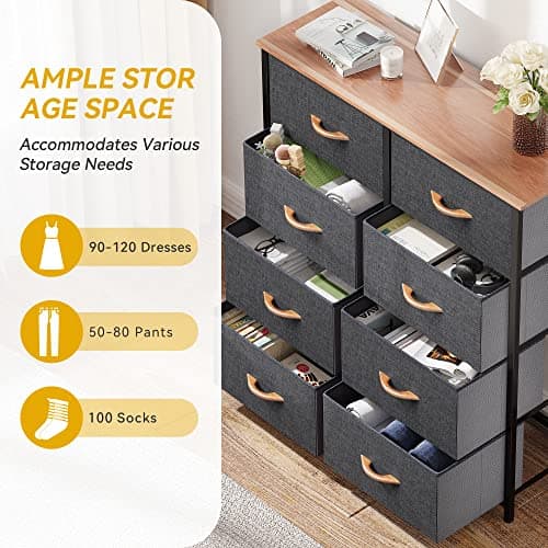 Charcoal Grey Fabric Dresser with 8 Drawers & Sturdy Steel Frame